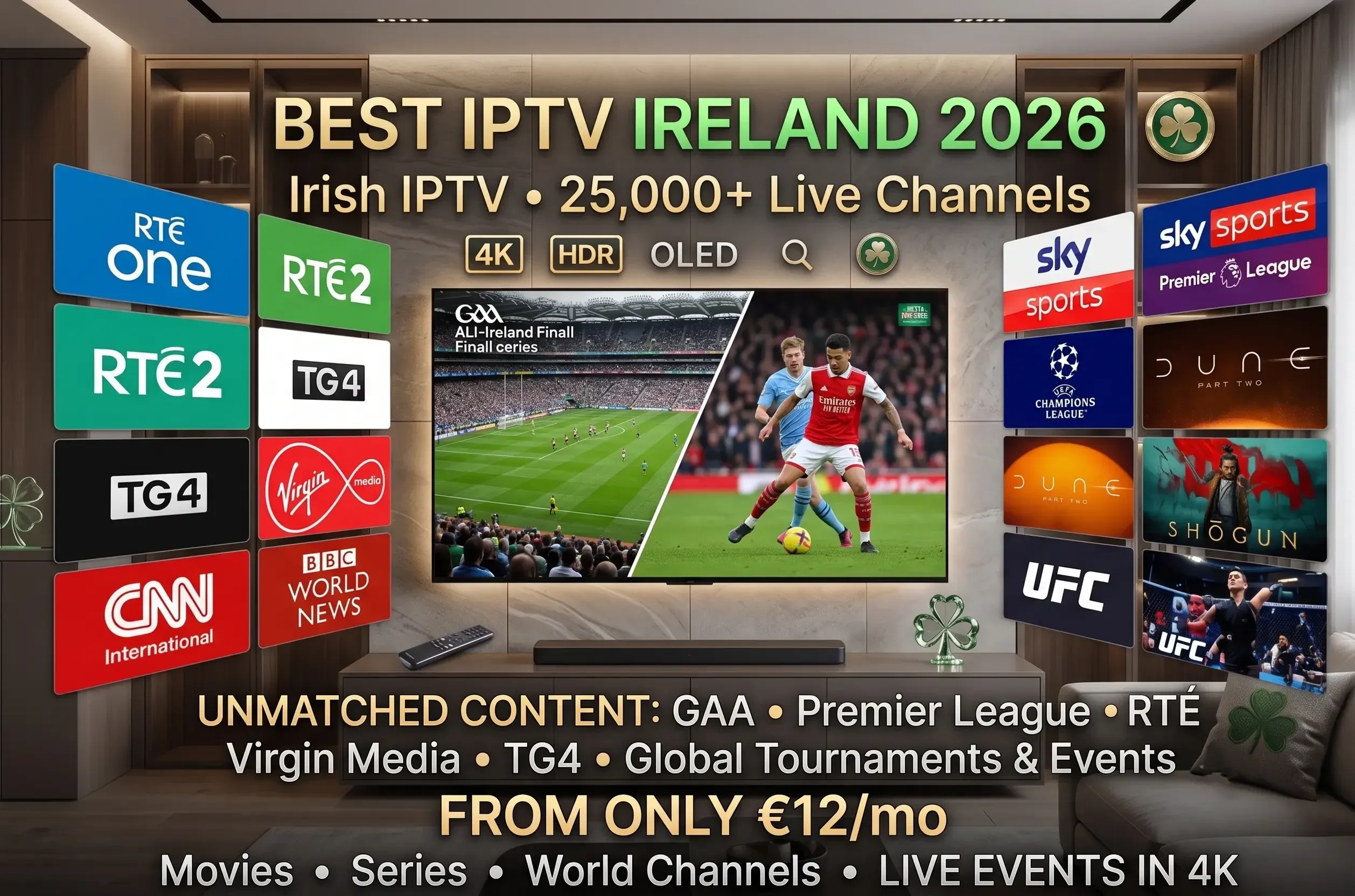 Premium IPTV Ireland 2026 dashboard interface on a 4K OLED TV displaying live GAA sports, Premier League football, Irish channels like RTÉ One, TG4, and Virgin Media, and trending VOD movie covers.