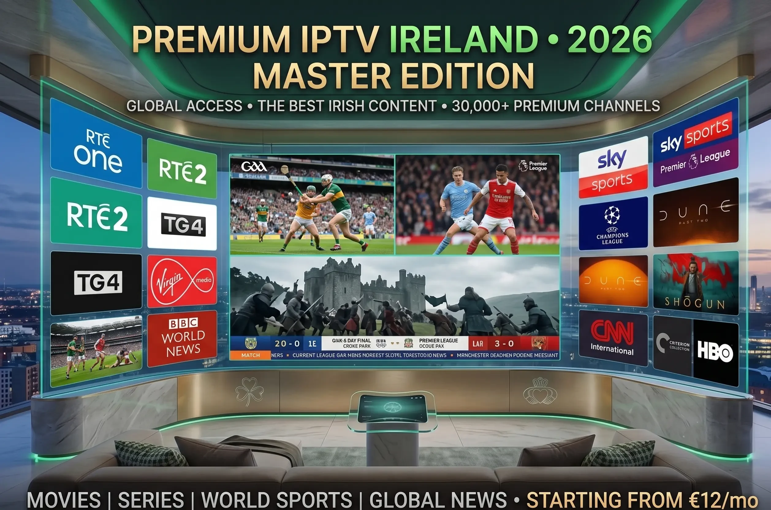An immersive panoramic curved TV setup presenting a premium Irish IPTV app layout with split screens for live Gaelic football, Premier League soccer, historical drama series, and local news networks.
