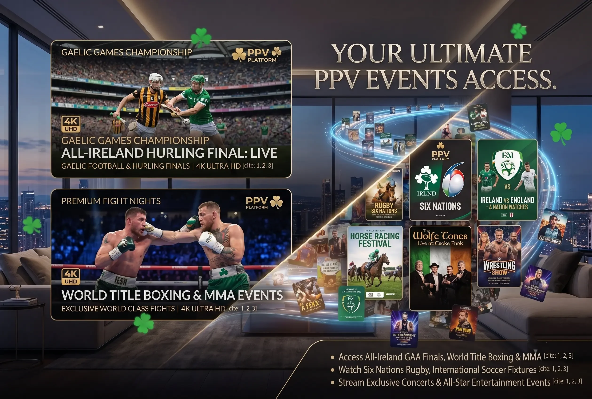 A dynamic sports IPTV streaming portal showing live tiles for the All-Ireland Hurling Final, Six Nations Rugby, international football matches, world championship boxing, and MMA fight cards.