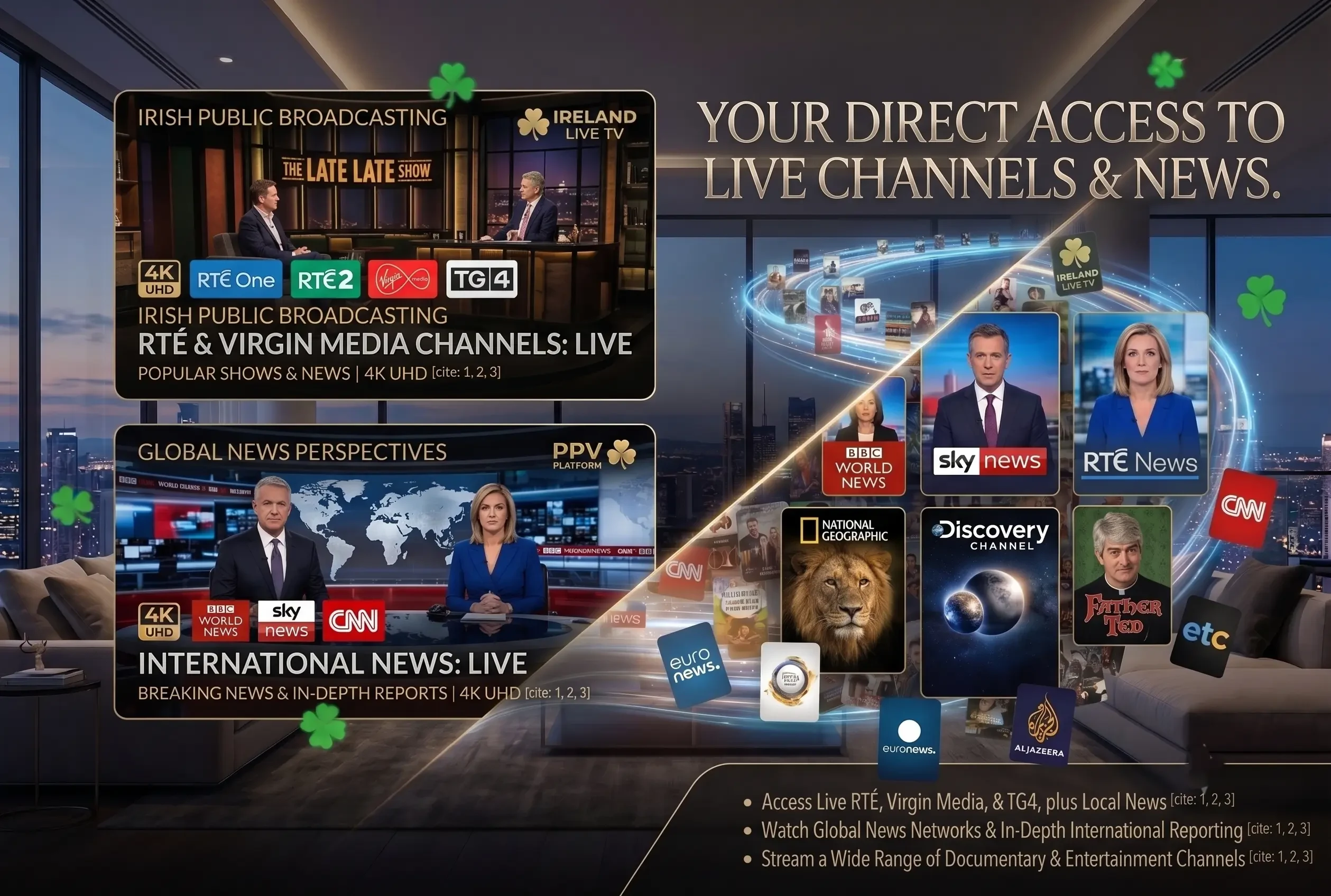 An IPTV electronic program guide (EPG) focused on live Irish television broadcasts and international news networks, displaying popular local chat shows, global news rooms, and documentaries.
