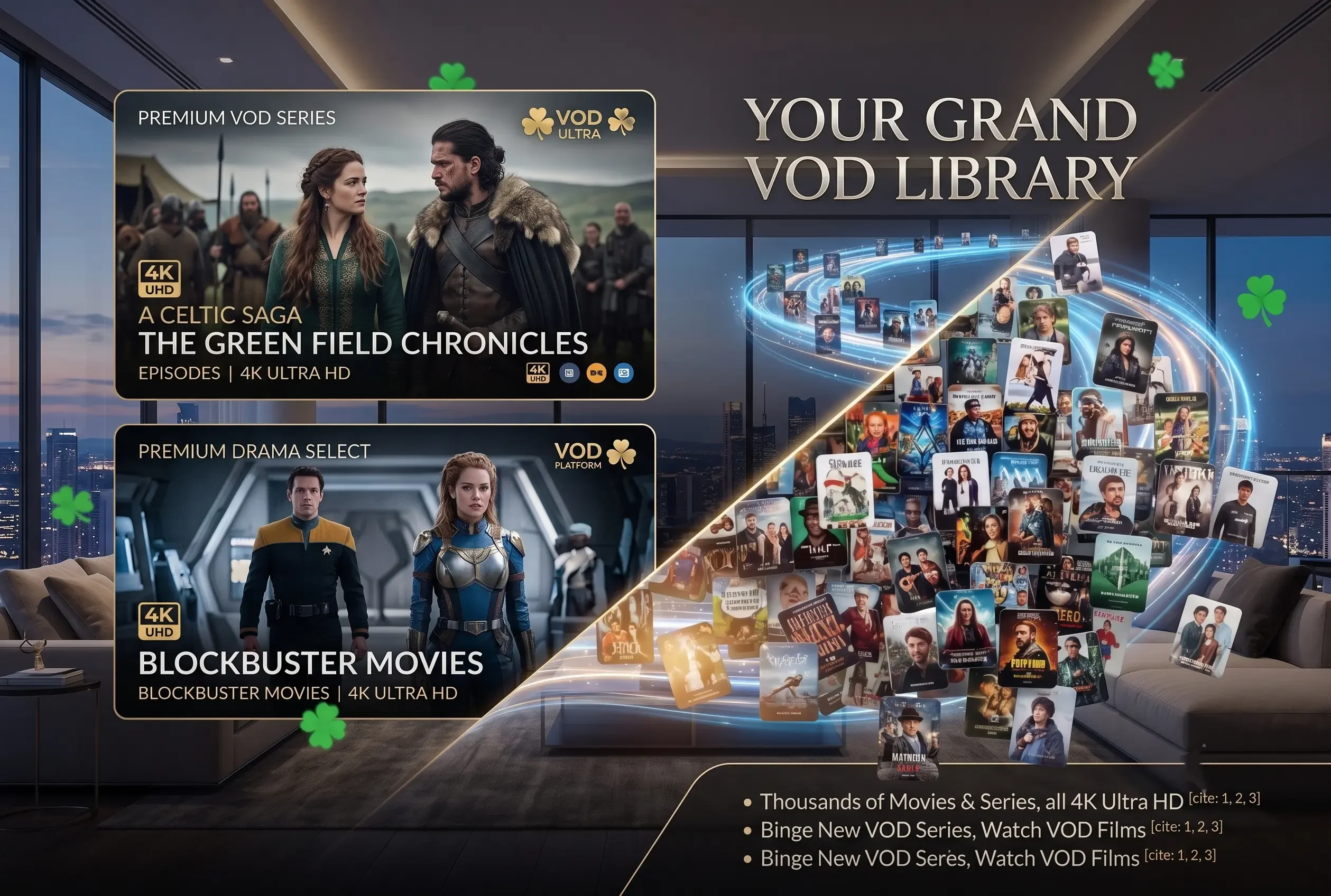 A high-end home cinema interface highlighting an extensive IPTV Ireland VOD collection featuring popular epic fantasy series, sci-fi movies, and classic blockbusters streaming on demand.